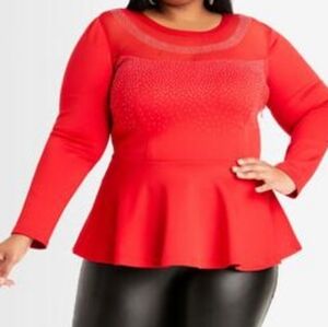Womens Rhinestone Mesh Trim Peplum Top NWT Sz 14/16